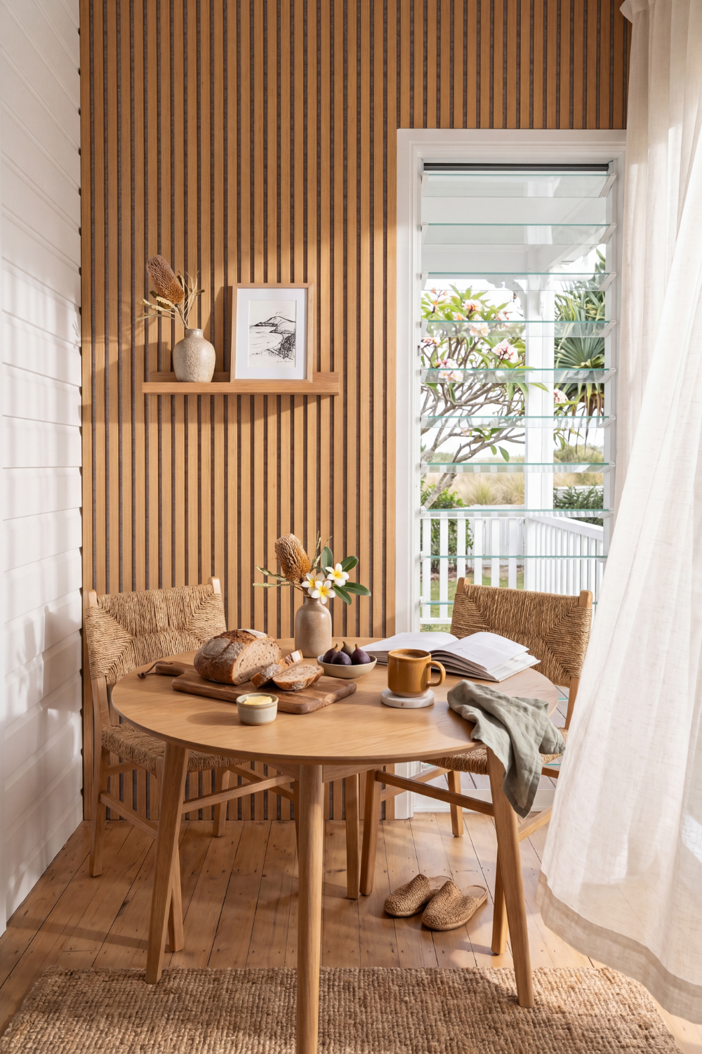 Oak Grey Felt acoustic slat wall panel: sun room breakfast
