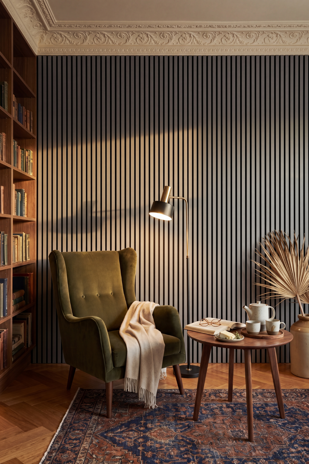 Library reading room with grey acoustic slat wall panels