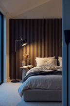 Smoked Oak acoustic slat wall panel: bedroom front