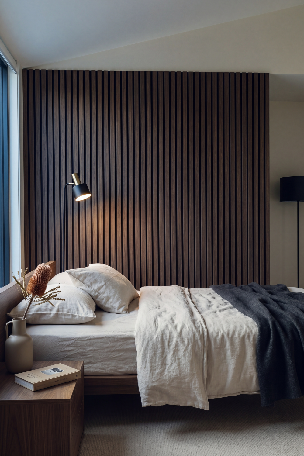 Smoked Oak acoustic slat wall panel: bedroom side