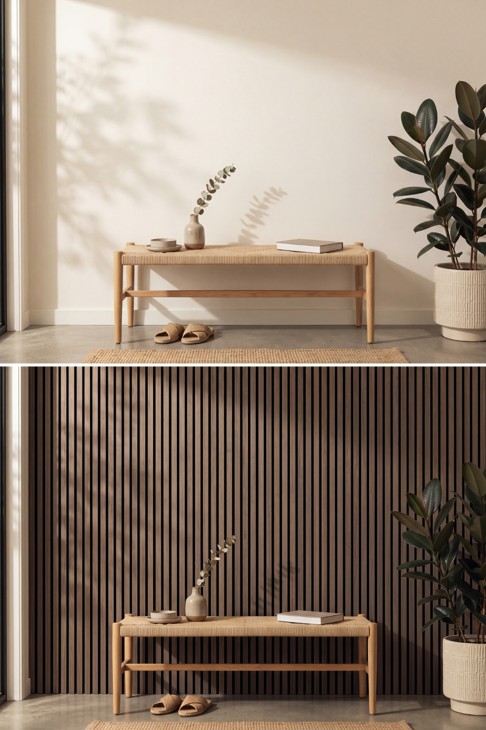 Smoked Oak acoustic slat wall panel: before and after
