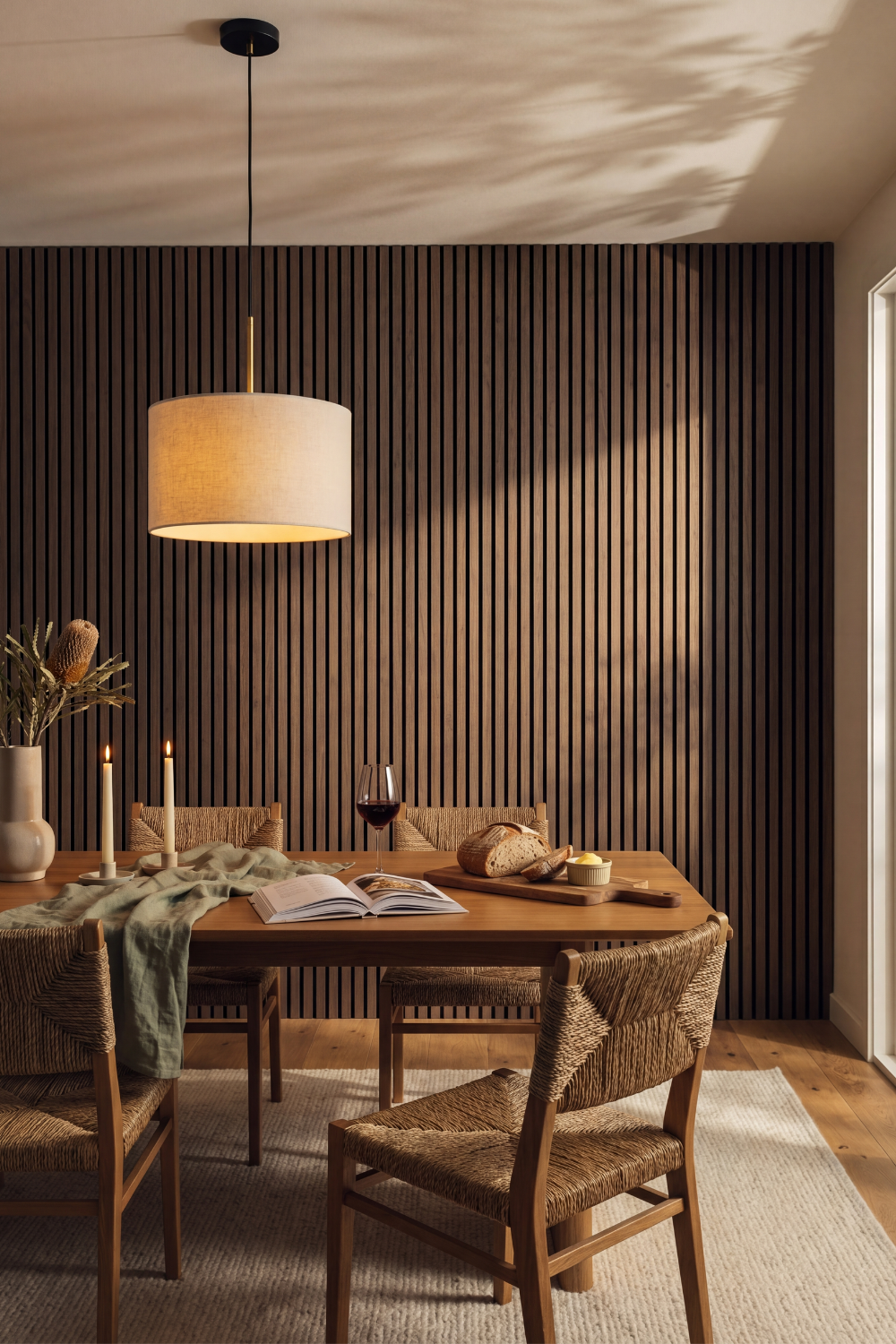 Smoked Oak acoustic slat wall panel: dining room
