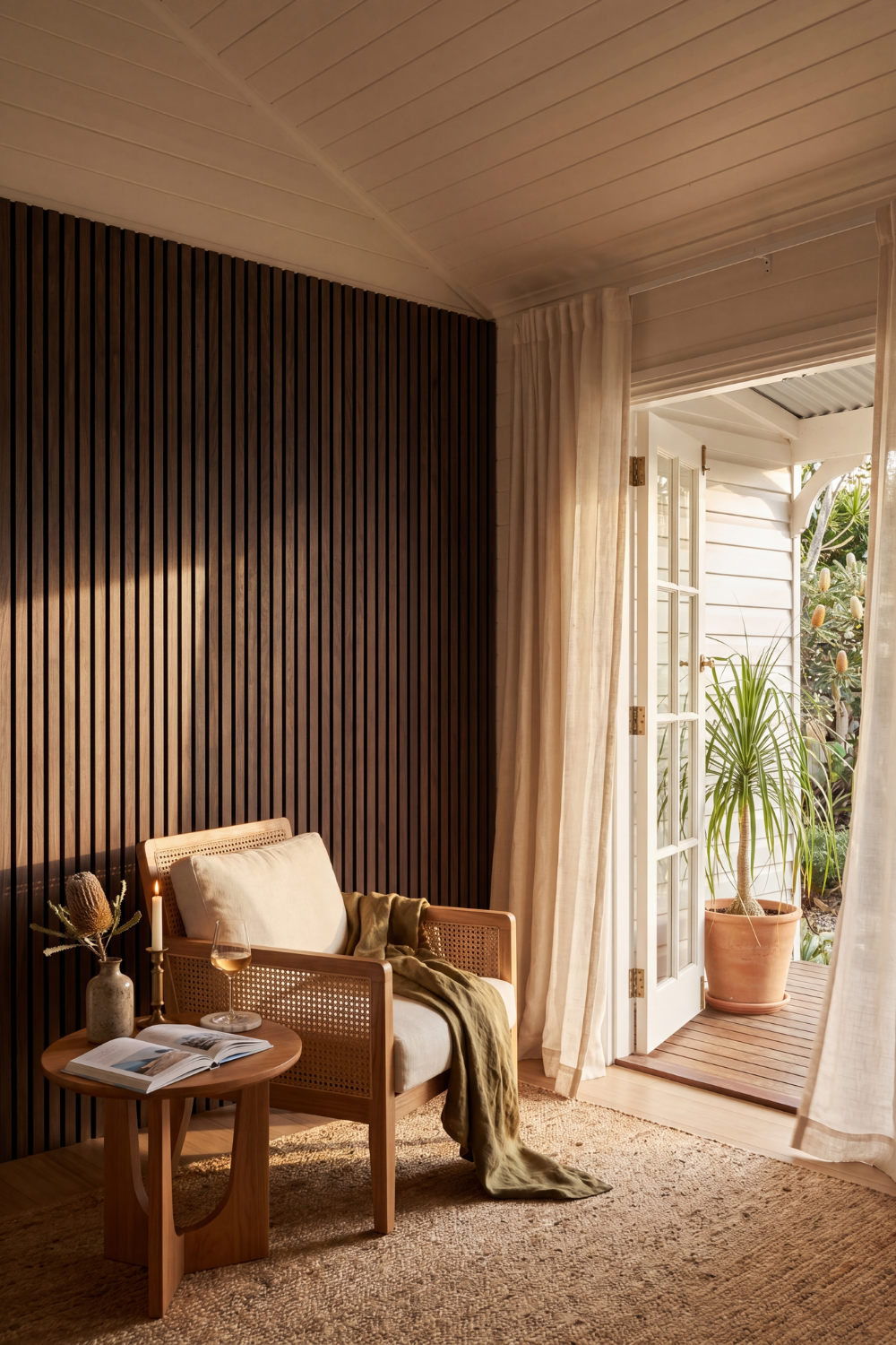 Smoked Oak acoustic slat wall panel: Byron Bay reading nook