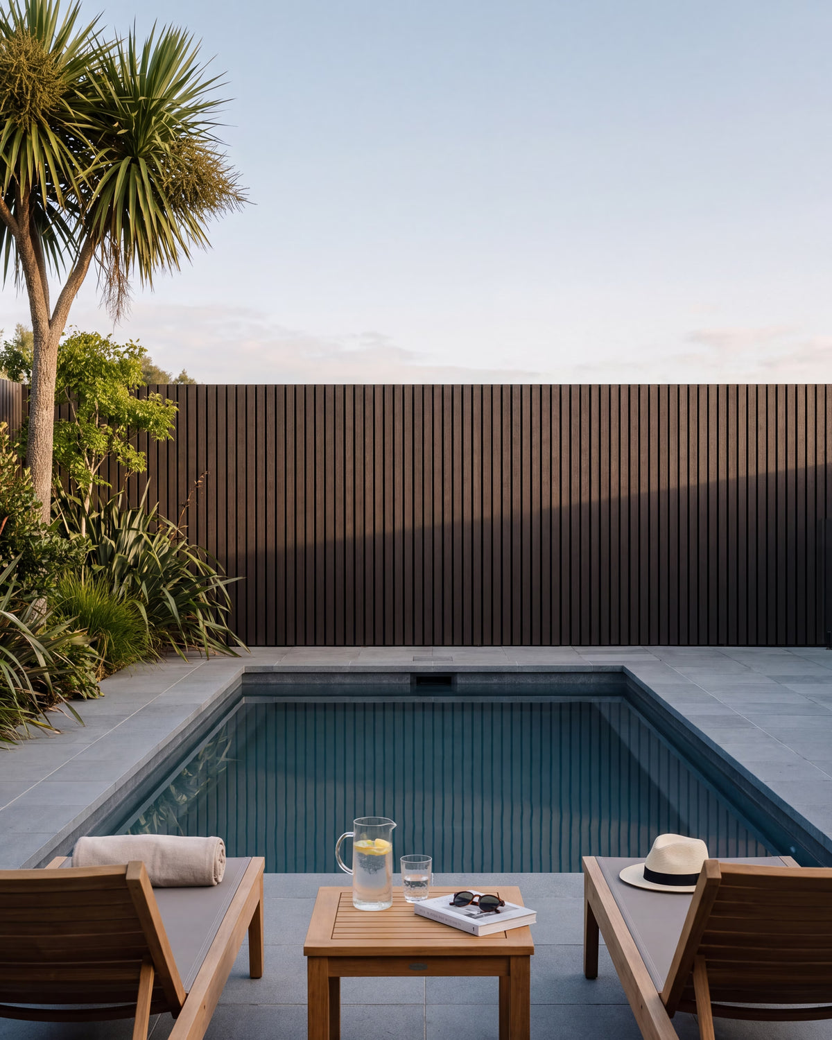 Walnut wood-look composite panels lining a swimming pool fence.