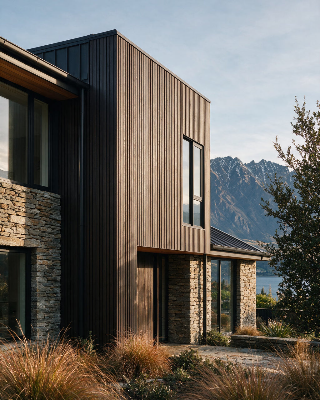 Walnut wood-look panels on a home exterior with a mountain backdrop.