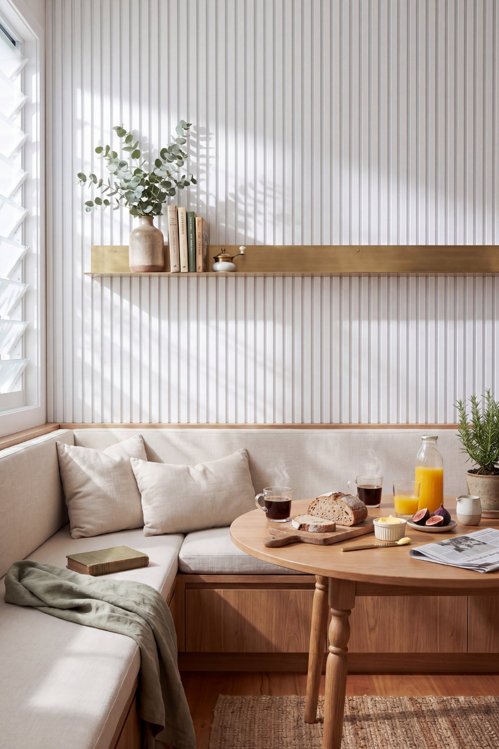 White acoustic slat wall panel: breakfast nook