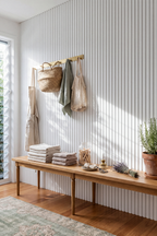White acoustic slat wall panel: mudroom