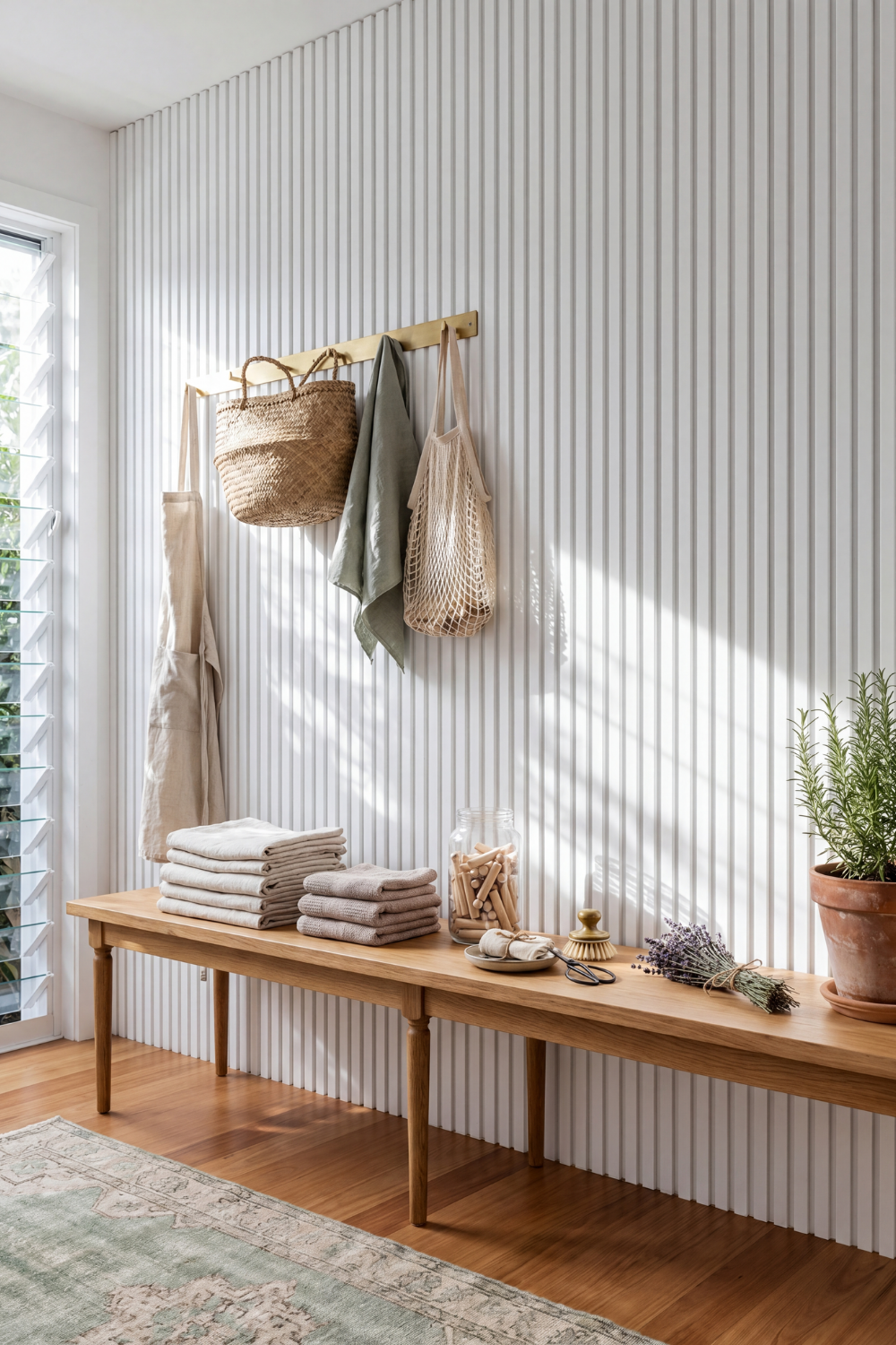 White acoustic slat wall panel: mudroom