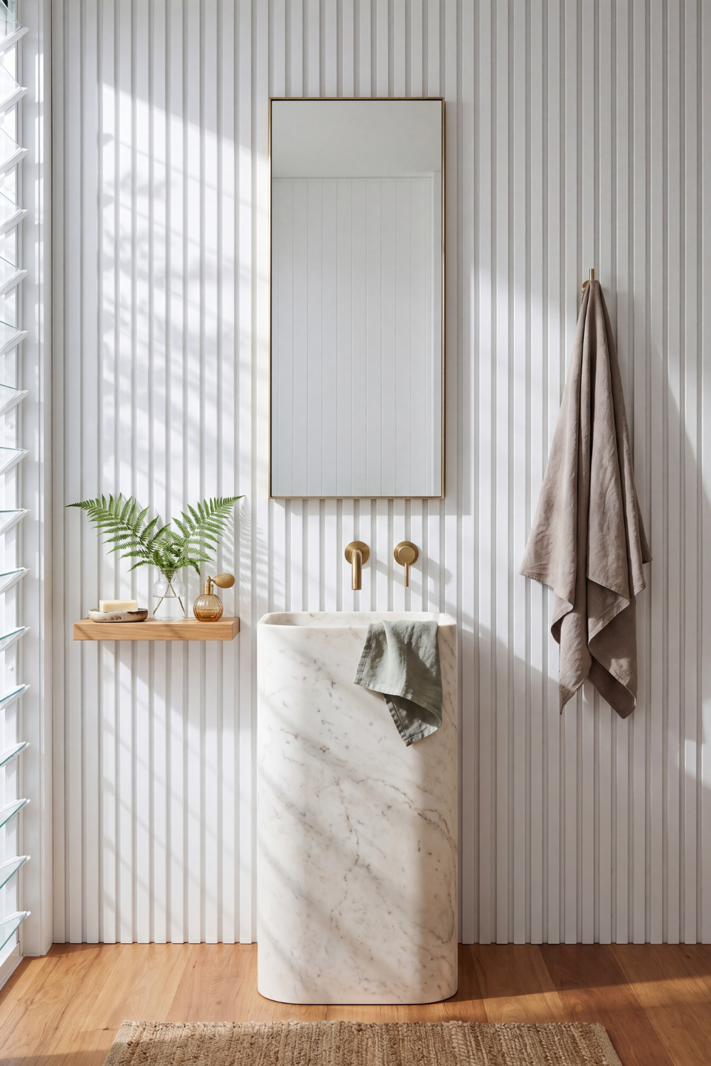 White acoustic slat wall panel: powder room