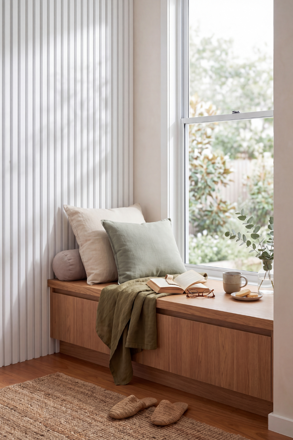 White acoustic slat wall panel: window seat