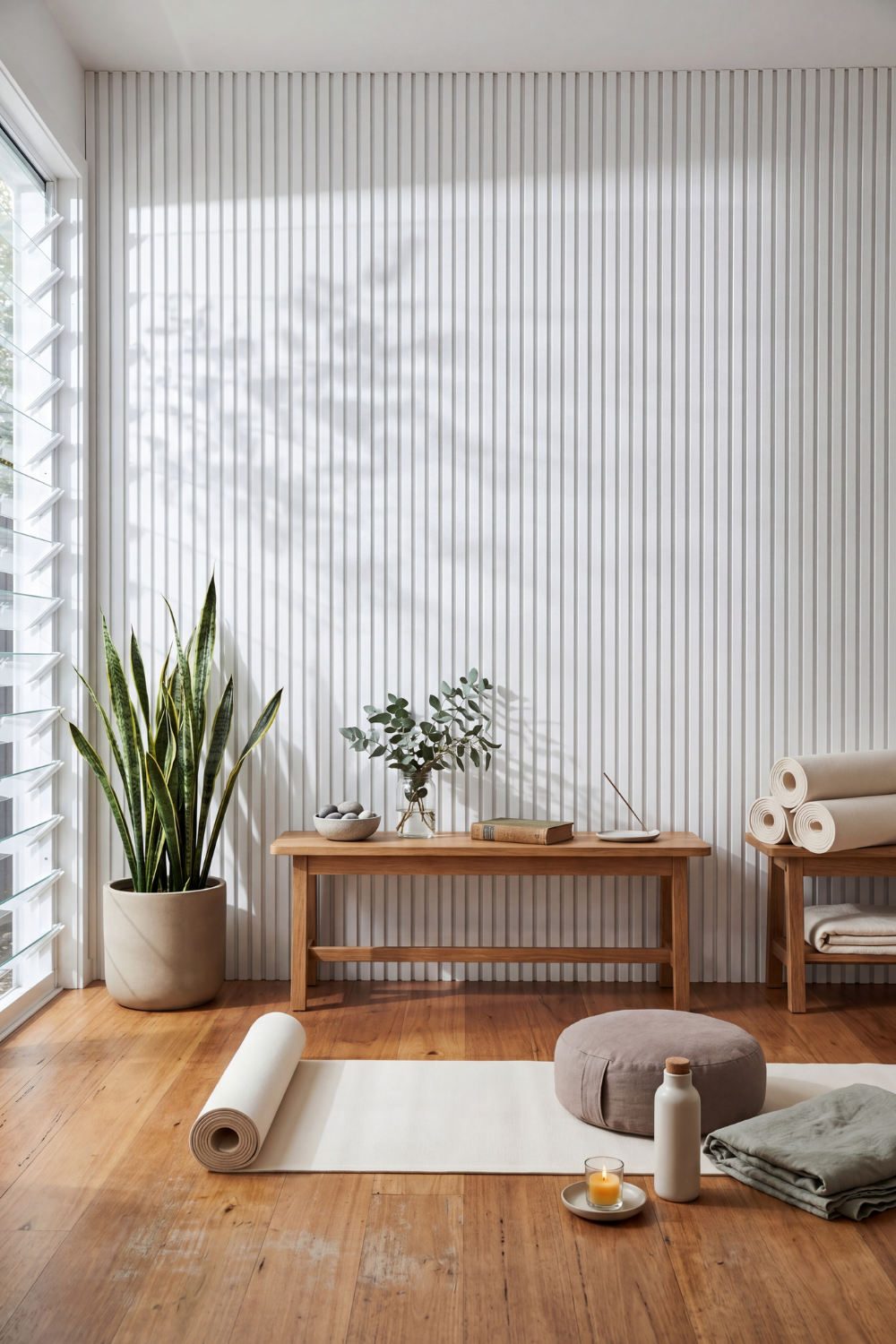 White acoustic slat wall panel: yoga room